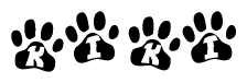 The image shows a series of animal paw prints arranged in a horizontal line. Each paw print contains a letter, and together they spell out the word Kiki.