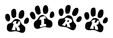 The image shows a series of animal paw prints arranged in a horizontal line. Each paw print contains a letter, and together they spell out the word Kirk.
