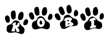 The image shows a row of animal paw prints, each containing a letter. The letters spell out the word Kobi within the paw prints.