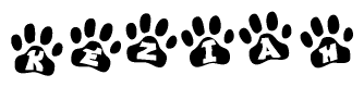 The image shows a series of animal paw prints arranged horizontally. Within each paw print, there's a letter; together they spell Keziah