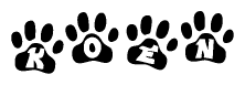 The image shows a series of animal paw prints arranged in a horizontal line. Each paw print contains a letter, and together they spell out the word Koen.