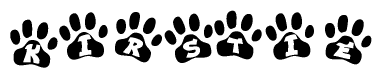 The image shows a series of animal paw prints arranged horizontally. Within each paw print, there's a letter; together they spell Kirstie