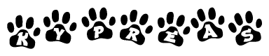 The image shows a series of animal paw prints arranged horizontally. Within each paw print, there's a letter; together they spell Kypreas