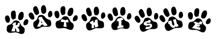 The image shows a series of animal paw prints arranged in a horizontal line. Each paw print contains a letter, and together they spell out the word Kathisue.