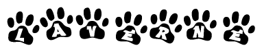 The image shows a series of animal paw prints arranged in a horizontal line. Each paw print contains a letter, and together they spell out the word Laverne.