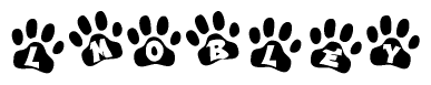 The image shows a series of animal paw prints arranged in a horizontal line. Each paw print contains a letter, and together they spell out the word Lmobley.