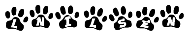 The image shows a row of animal paw prints, each containing a letter. The letters spell out the word Lnilsen within the paw prints.
