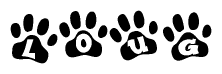 The image shows a row of animal paw prints, each containing a letter. The letters spell out the word Loug within the paw prints.