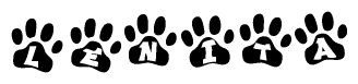 The image shows a series of animal paw prints arranged horizontally. Within each paw print, there's a letter; together they spell Lenita