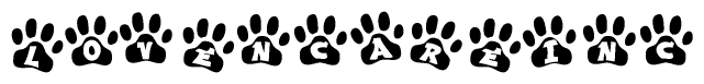 The image shows a series of animal paw prints arranged horizontally. Within each paw print, there's a letter; together they spell Lovencareinc