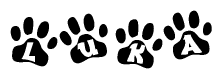 The image shows a row of animal paw prints, each containing a letter. The letters spell out the word Luka within the paw prints.