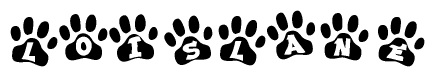 The image shows a series of animal paw prints arranged in a horizontal line. Each paw print contains a letter, and together they spell out the word Loislane.