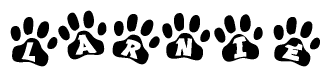 The image shows a row of animal paw prints, each containing a letter. The letters spell out the word Larnie within the paw prints.