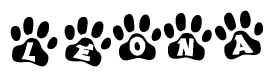 The image shows a row of animal paw prints, each containing a letter. The letters spell out the word Leona within the paw prints.