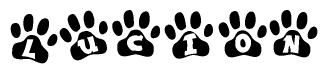 The image shows a row of animal paw prints, each containing a letter. The letters spell out the word Lucion within the paw prints.