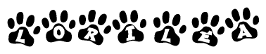The image shows a series of animal paw prints arranged horizontally. Within each paw print, there's a letter; together they spell Lorilea