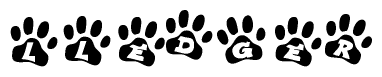 The image shows a series of animal paw prints arranged in a horizontal line. Each paw print contains a letter, and together they spell out the word Lledger.