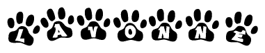 The image shows a row of animal paw prints, each containing a letter. The letters spell out the word Lavonne within the paw prints.