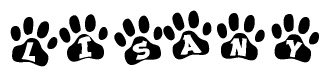 The image shows a series of animal paw prints arranged horizontally. Within each paw print, there's a letter; together they spell Lisany