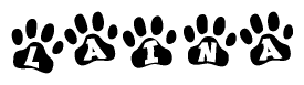 The image shows a series of animal paw prints arranged horizontally. Within each paw print, there's a letter; together they spell Laina