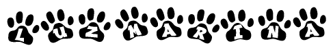 The image shows a series of animal paw prints arranged in a horizontal line. Each paw print contains a letter, and together they spell out the word Luzmarina.