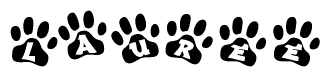The image shows a series of animal paw prints arranged horizontally. Within each paw print, there's a letter; together they spell Lauree