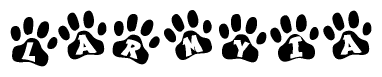 The image shows a series of animal paw prints arranged horizontally. Within each paw print, there's a letter; together they spell Larmyia
