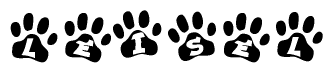 The image shows a series of animal paw prints arranged horizontally. Within each paw print, there's a letter; together they spell Leisel