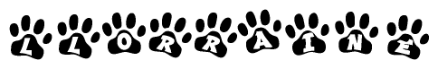 The image shows a row of animal paw prints, each containing a letter. The letters spell out the word Llorraine within the paw prints.