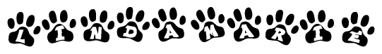 The image shows a series of animal paw prints arranged horizontally. Within each paw print, there's a letter; together they spell Lindamarie