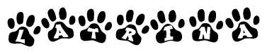The image shows a series of animal paw prints arranged in a horizontal line. Each paw print contains a letter, and together they spell out the word Latrina.