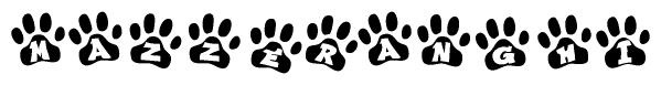 The image shows a series of animal paw prints arranged in a horizontal line. Each paw print contains a letter, and together they spell out the word Mazzeranghi.