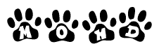 The image shows a series of animal paw prints arranged in a horizontal line. Each paw print contains a letter, and together they spell out the word Mohd.