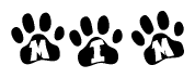 The image shows a series of animal paw prints arranged in a horizontal line. Each paw print contains a letter, and together they spell out the word Mim.