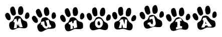The image shows a series of animal paw prints arranged horizontally. Within each paw print, there's a letter; together they spell Muhonjia