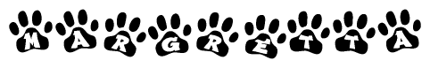 The image shows a series of animal paw prints arranged in a horizontal line. Each paw print contains a letter, and together they spell out the word Margretta.