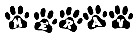 The image shows a row of animal paw prints, each containing a letter. The letters spell out the word Merav within the paw prints.