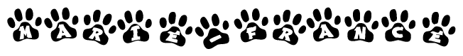 The image shows a row of animal paw prints, each containing a letter. The letters spell out the word Marie-france within the paw prints.