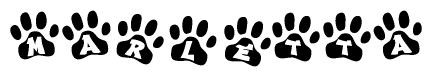 The image shows a row of animal paw prints, each containing a letter. The letters spell out the word Marletta within the paw prints.