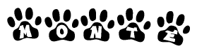 The image shows a series of animal paw prints arranged in a horizontal line. Each paw print contains a letter, and together they spell out the word Monte.