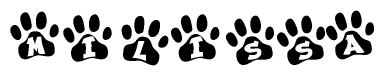 The image shows a row of animal paw prints, each containing a letter. The letters spell out the word Milissa within the paw prints.