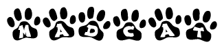 The image shows a series of animal paw prints arranged horizontally. Within each paw print, there's a letter; together they spell Madcat