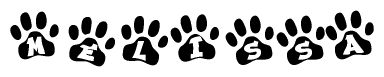 The image shows a series of animal paw prints arranged horizontally. Within each paw print, there's a letter; together they spell Melissa