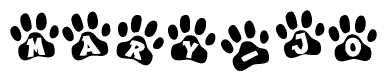 The image shows a series of animal paw prints arranged horizontally. Within each paw print, there's a letter; together they spell Mary-jo