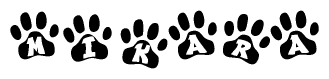 The image shows a series of animal paw prints arranged in a horizontal line. Each paw print contains a letter, and together they spell out the word Mikara.