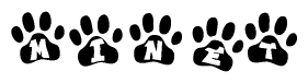 The image shows a row of animal paw prints, each containing a letter. The letters spell out the word Minet within the paw prints.