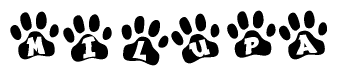 The image shows a row of animal paw prints, each containing a letter. The letters spell out the word Milupa within the paw prints.