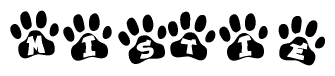 The image shows a row of animal paw prints, each containing a letter. The letters spell out the word Mistie within the paw prints.