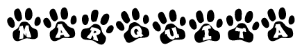 The image shows a row of animal paw prints, each containing a letter. The letters spell out the word Marquita within the paw prints.