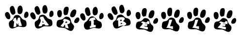 The image shows a series of animal paw prints arranged in a horizontal line. Each paw print contains a letter, and together they spell out the word Maribelle.